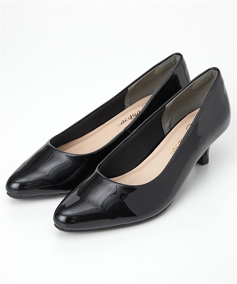 【ゆったり幅広】ポインテッドトゥミドルヒールパンプス（低反発中敷）（ワイズ４Ｅ）(25. 5cm/4E)(黒(エナメル調)/黒) (パンプス/靴(レディースシューズ)・バッグ・アクセサリー)