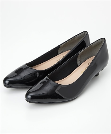 【ゆったり幅広】ポインテッドトゥローヒールパンプス（低反発中敷）（ワイズ４Ｅ）(26. 0cm/4E)(黒(エナメル調)/黒) (パンプス/靴(レディースシューズ)・バッグ・アクセサリー)